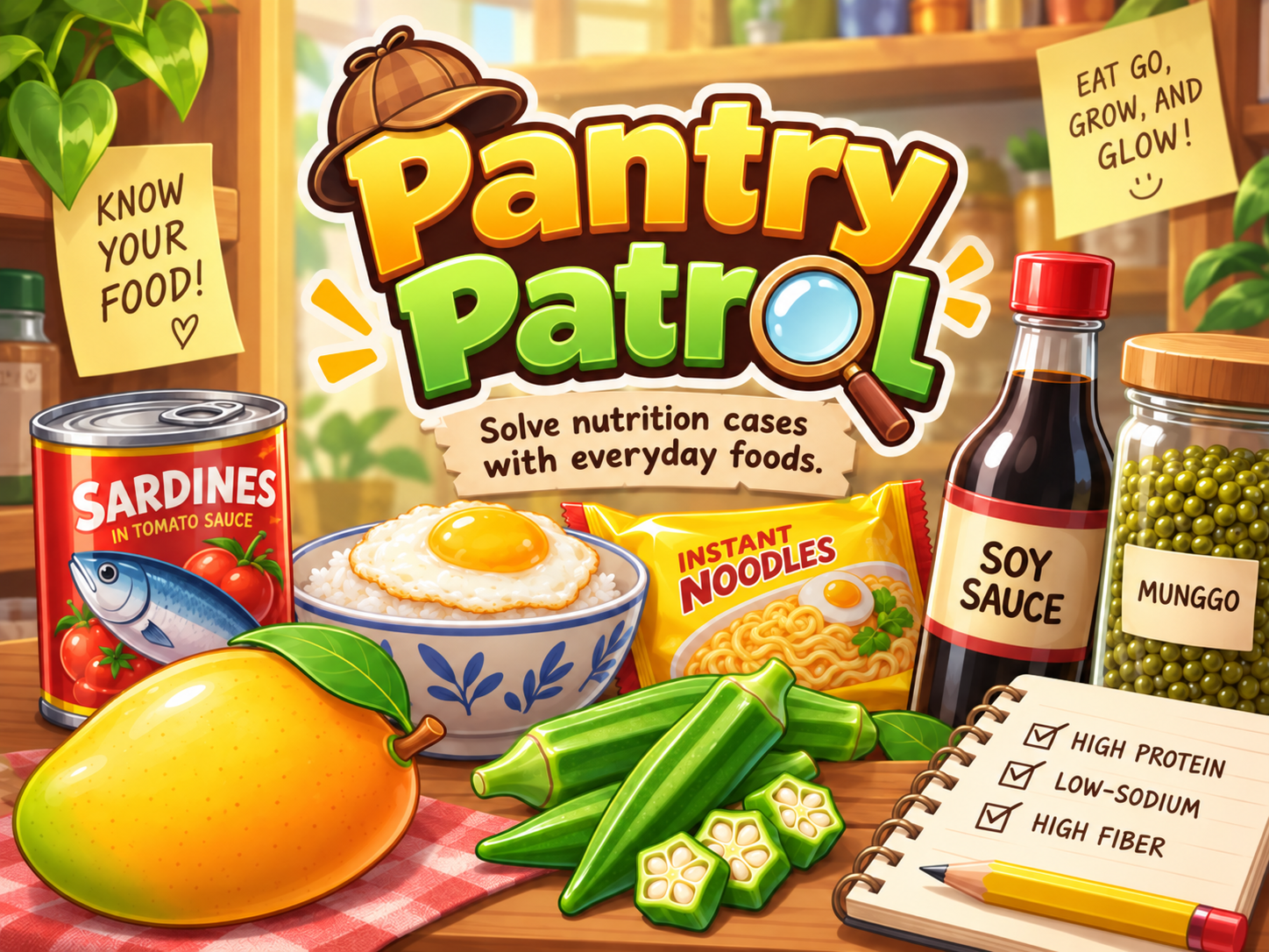Pantry Patrol game art with Filipino pantry foods and nutrition clues